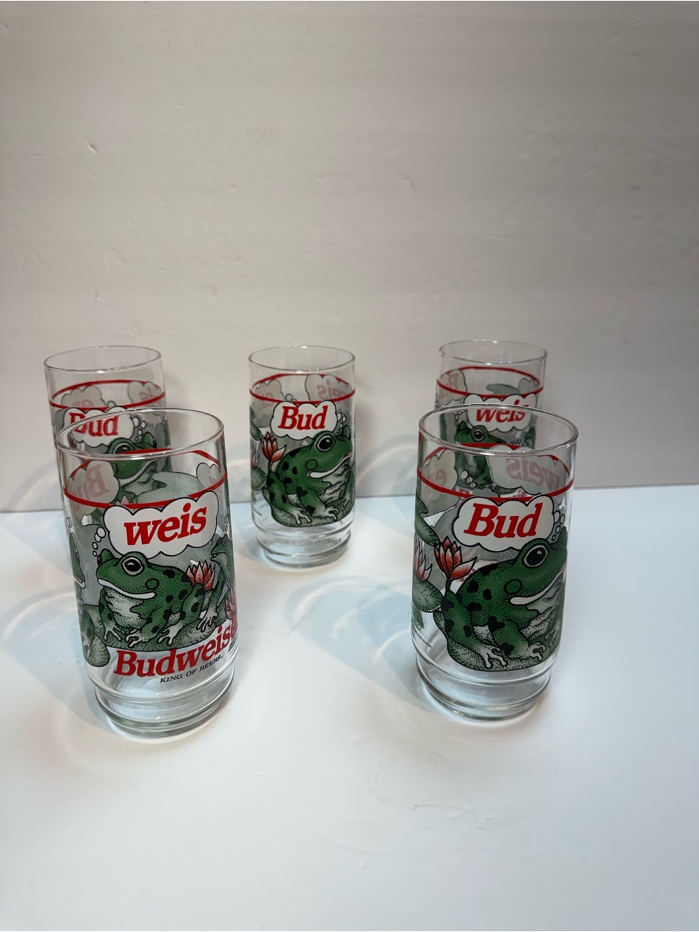 Vintage 1995 Set of 5 Budweiser Frog “Bud - Weis - Er“ Drinking Glasses